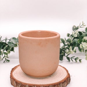Pode incluir: Um vaso de cer&acirc;mica cor de p&ecirc;ssego com formato arredondado, colocado sobre um descanso de madeira natural. O vaso tem um acabamento liso e fosco. A vegeta&ccedil;&atilde;o &eacute; vis&iacute;vel ao fundo, adicionando um toque de natureza &agrave; cena.