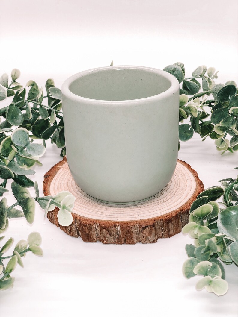 Pode incluir: Uma ch&aacute;vena de cer&acirc;mica verde claro com base arredondada assenta numa base de madeira natural. A ch&aacute;vena &eacute; rodeada por folhagem artificial verde e branca sobre um fundo branco. A ch&aacute;vena tem cerca de 7,6 cm de altura.