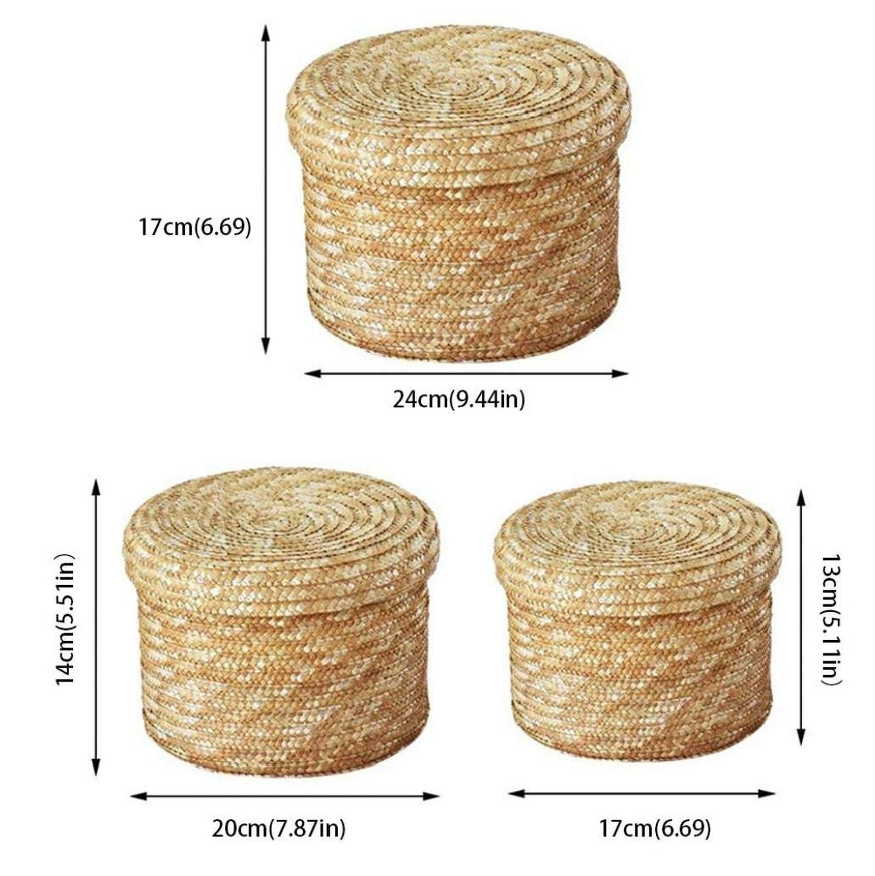 3pcs Straw Storage Baskets with Lid Woven Organizer Round Etsy