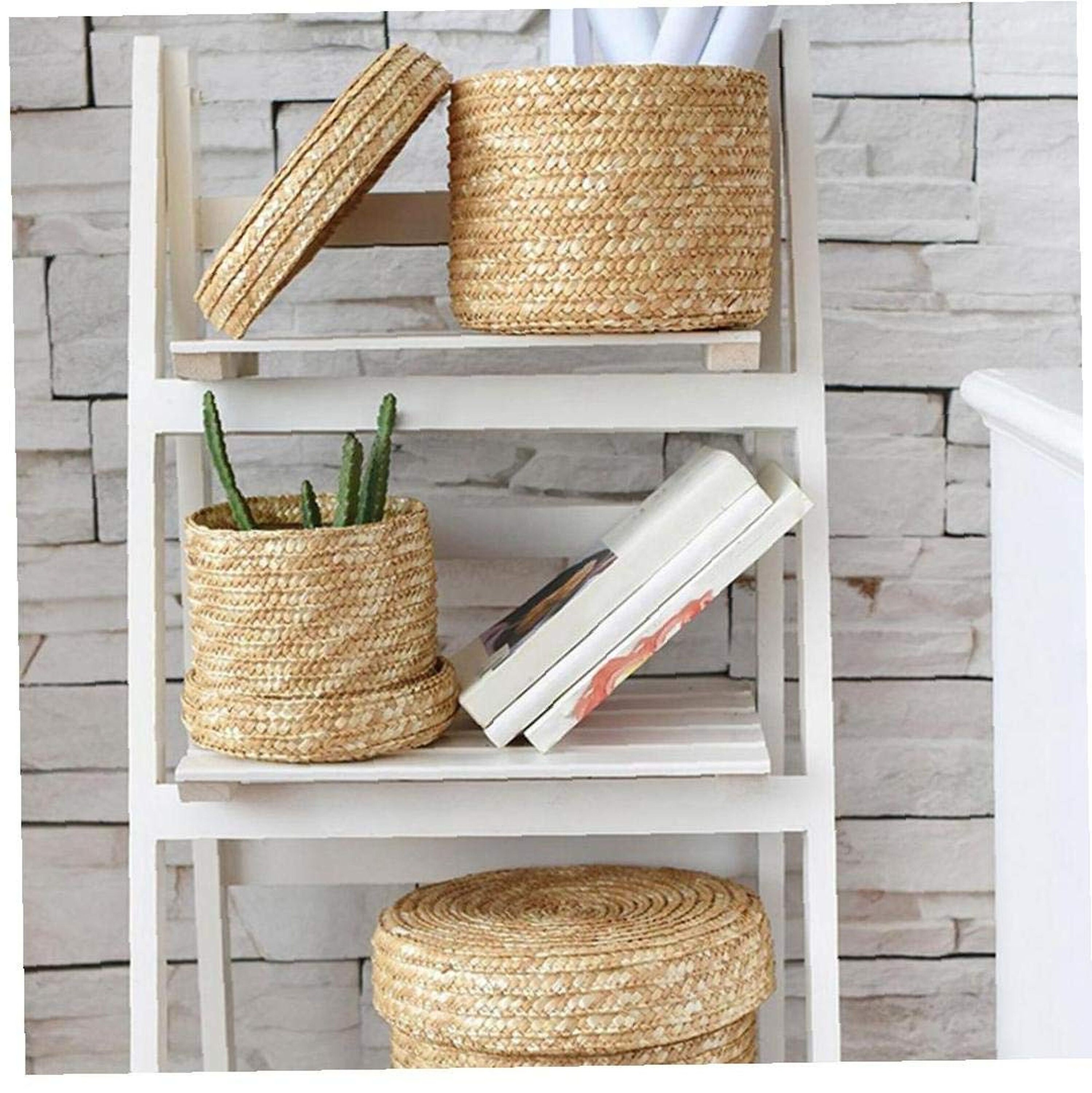 3pcs Straw Storage Baskets with Lid Woven Organizer Round Etsy