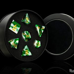 Emerald Sharp Edge RPG Dice Set - 7 Pieces, Metal Tin