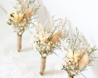 Neutral Boho Pampas Dried Boutonniere - Groom/Groomsmen Buttonhole