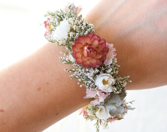 Rosa, Pfirsich & weiße getrocknete Blume Handgelenk Anstecknadel - Hochzeit Anstecknadel