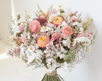 Blush, Peach & White Wedding Bouquet - Dried Wedding Bouquet - Boutonniere - Flower Crown - Corsage