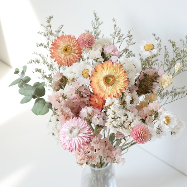 Rose poudré, pêche et blanc - Bouquet/arrangement de fleurs séchées - Décoration d'intérieur - Centres de table de mariage