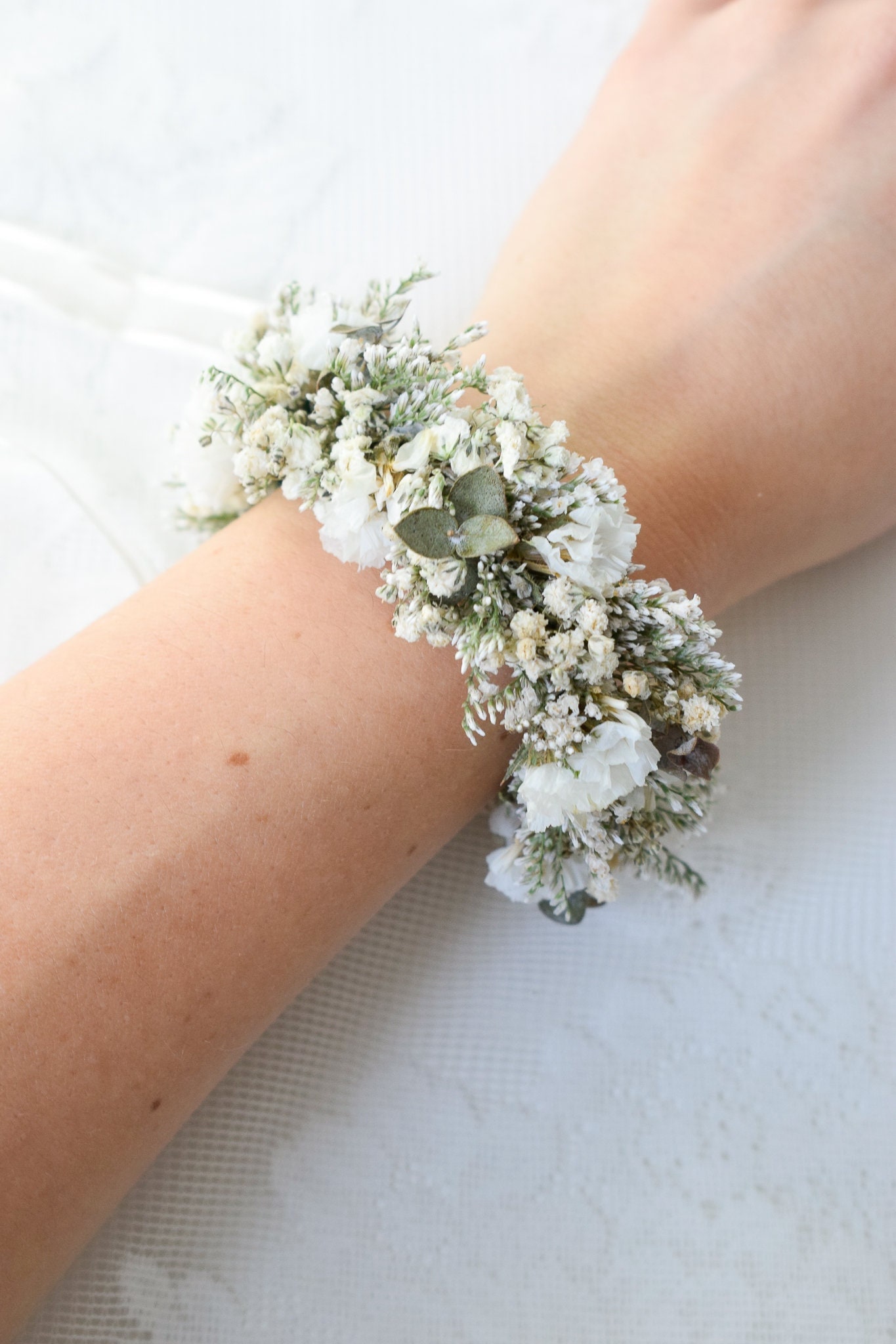 Eucalyptus & Baby's Breath Dried Flower Wrist Corsage - Wedding Corsage