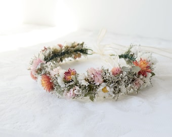 Blush, Peach & White Dried Flower Crown - Bridal Flower Crown/Flower Girl Crown