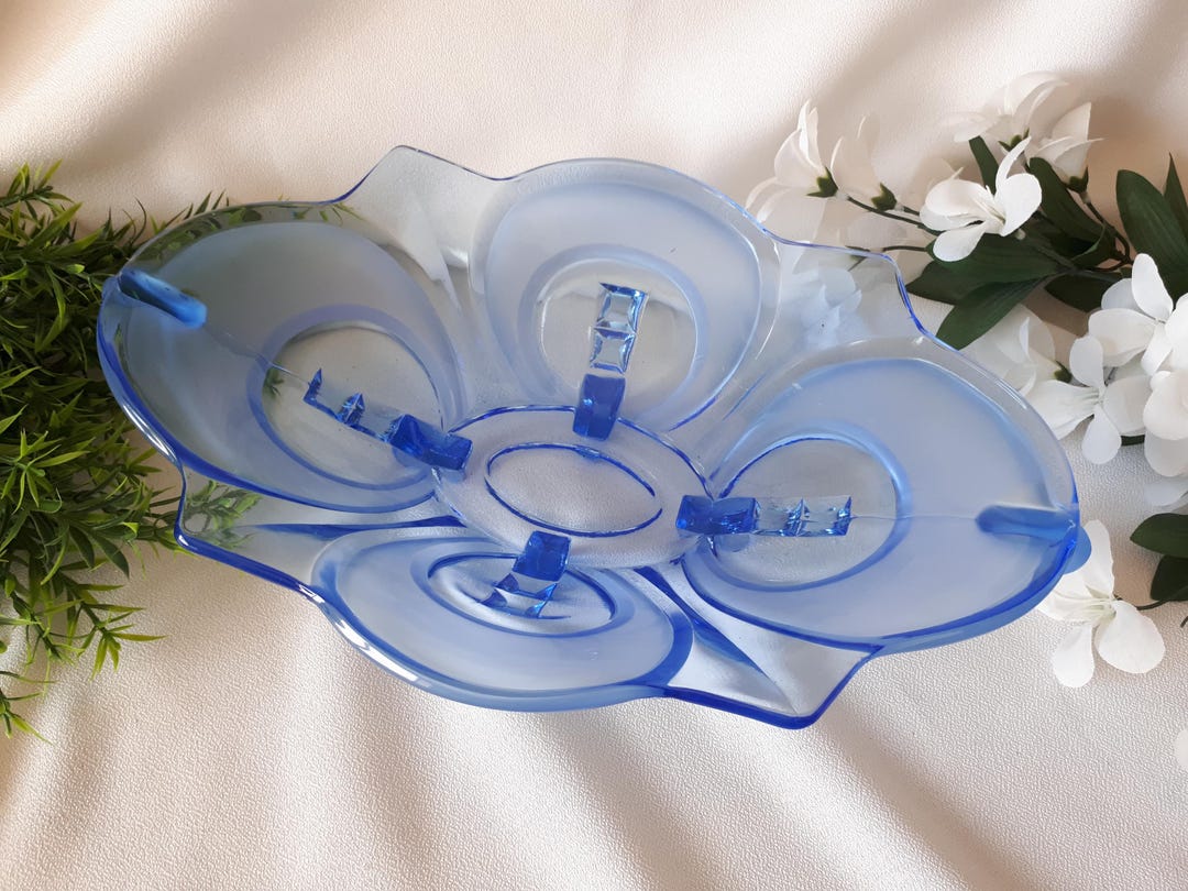 Vintage blue glass fruit bowl art deco design etsy