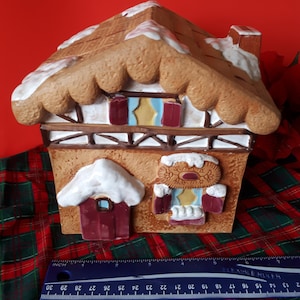 Può includere: Un barattolo per biscotti in ceramica a forma di casetta di pan di zenzero con tetto marrone, neve bianca e una decorazione di pan di zenzero. La casa ha una porta rossa e un camino. Il barattolo per biscotti è alto circa 15 cm.