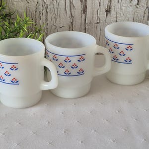 Vintage Termocrisa Mexico  Milk Glass Stackable  Mugs Cups Cherry  and Leaves Design 8ozs