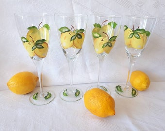 Wine Cocktail  Glasses Hand Painted Lemons  Set of 4