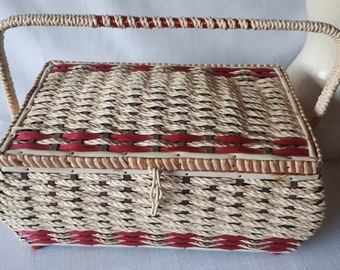 Vintage Woven Wicker Sewing Basket Satin lined  Japan