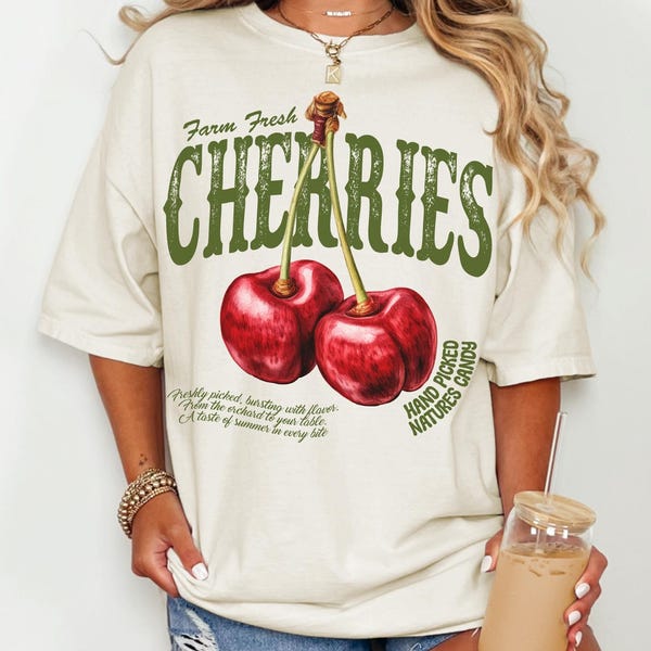 Maglietta vintage con ciliegie, maglietta con frutta, maglietta con ciliegie, buongustaio, maglietta estiva, regalo per gli amanti del cibo, maglietta retrò con ciliegie, regalo per gli amanti delle ciliegie, maglietta con ciliegie