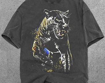 Y2K Tiger Graphic T-Shirt, Vintage Washed Tee, Wildlife