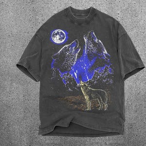 Wolf 90s Vintage Graphic Shirt, Three Wolf, 2000s Nature Shirt, Vintage Unisex Oversize Tee, Cute Wolf Gift, Faded Shirt, Howling Wolf Tee