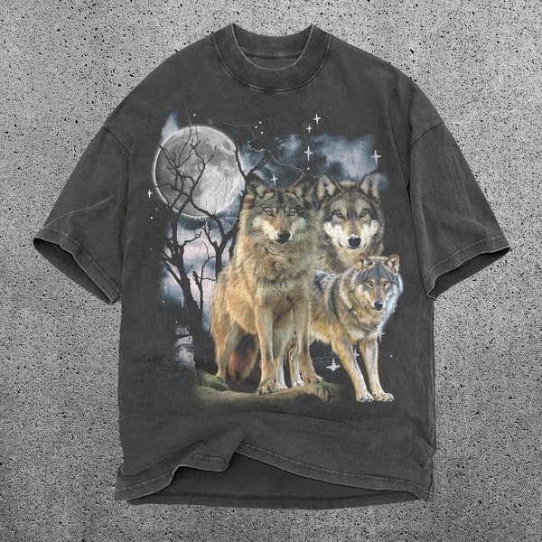 Wolf 90s Vintage Graphic Shirt, Three Wolf, 2000s Nature Shirt, Vintage Unisex Oversize Tee, Cute Wolf Gift, Faded Shirt, Howling Wolf