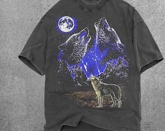 Chemise graphique vintage des années 90 loup, trois loups, chemise Nature des années 2000, t-shirt oversize unisexe vintage, cadeau loup mignon, chemise délavée, t-shirt loup hurlant