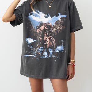 May include: Dark gray t-shirt featuring a brown horse graphic set against a blue and white sky and mountain backdrop. The shirt has short sleeves and a relaxed fit, suitable for casual wear.