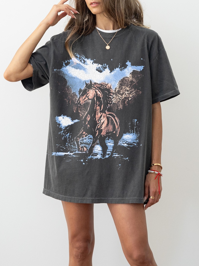 May include: Dark gray t-shirt featuring a brown horse graphic set against a blue and white sky and mountain backdrop. The shirt has short sleeves and a relaxed fit, suitable for casual wear.
