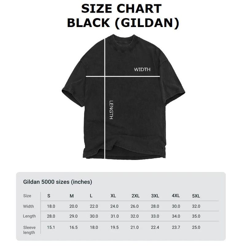 May include: Size chart for Gildan 5000 t-shirts in black, showing measurements in inches for sizes S through 5XL. Measurements include width, length, and sleeve length.