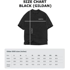 May include: A black Gildan t-shirt with a size chart. The chart displays measurements in inches for width, length, and sleeve length, ranging from size S to 5XL. The text "SIZE CHART BLACK (GILDAN)" is at the top.