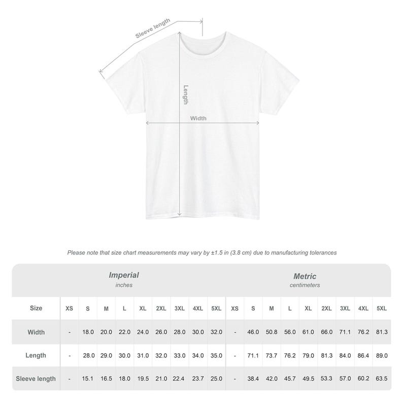 Puede incluir: Tabla de tallas para una camiseta con medidas en pulgadas y cent&iacute;metros. La tabla muestra el ancho, la longitud y la longitud de la manga para las tallas XS a 5XL.