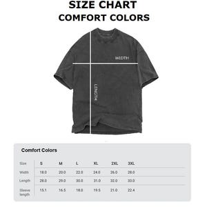 May include: A gray Comfort Colors t-shirt with a size chart. The chart displays measurements for width, length, and sleeve length in inches for sizes S through 3XL. The text "SIZE CHART" and "COMFORT COLORS" are at the top.