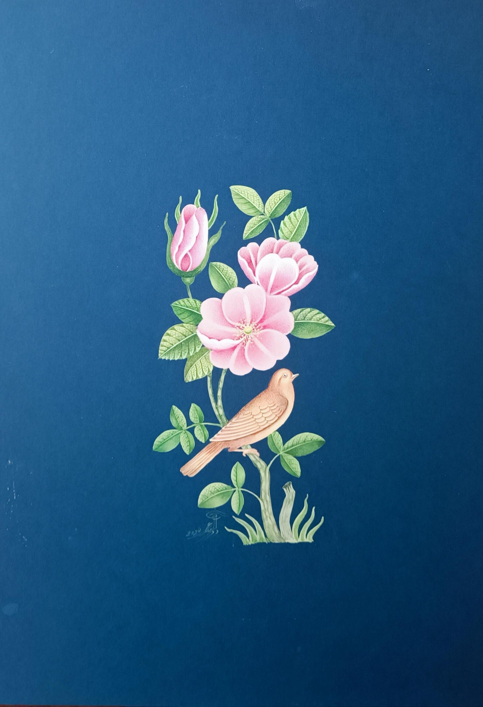 Original Persian Gol-o-Morgh Painting, Wild Rose (Nastaran) & Nightingale Miniature Art, Handmade Pink Flower Wall Decor, Signed Gouache Art