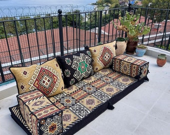 Black and Yellow Arabic Sofa Floor Seating, Pallet Sofa, Floor Cushions,Sectional Sofas, Arabic Majilis, Ottoman Couch and Rug, Arabic Jalsa