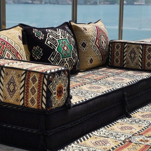 Gold&Black Arabic Majlis, 8 Thickness Arabic Floor Sofa Set, Arabic Floor Couch, Oriental Cushion, Moroccan Cushion, Ethnic Floor Cushion zdjęcie 6