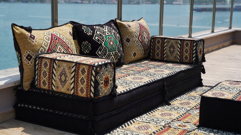 Gold&Black Arabic Majlis, 8 Thickness Arabic Floor Sofa Set, Arabic Floor Couch, Oriental Cushion, Moroccan Cushion, Ethnic Floor Cushion image 6