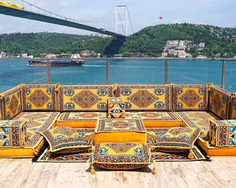 Sofá de piso amarillo Kirsehir en forma de U, cojín de asiento de piso turco, Majlis árabe, Jalsa árabe, sofá de piso tradicional, Majlis árabe