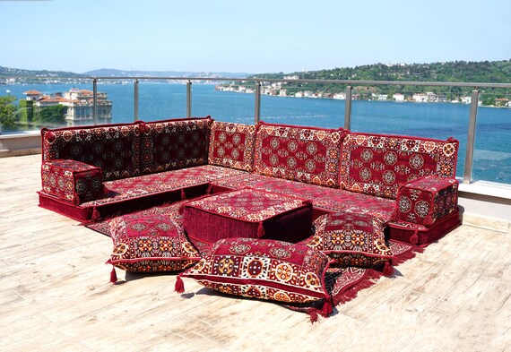 L Shaped Maroon Sofa Arabic Floor Seating Set Moroccan Decor