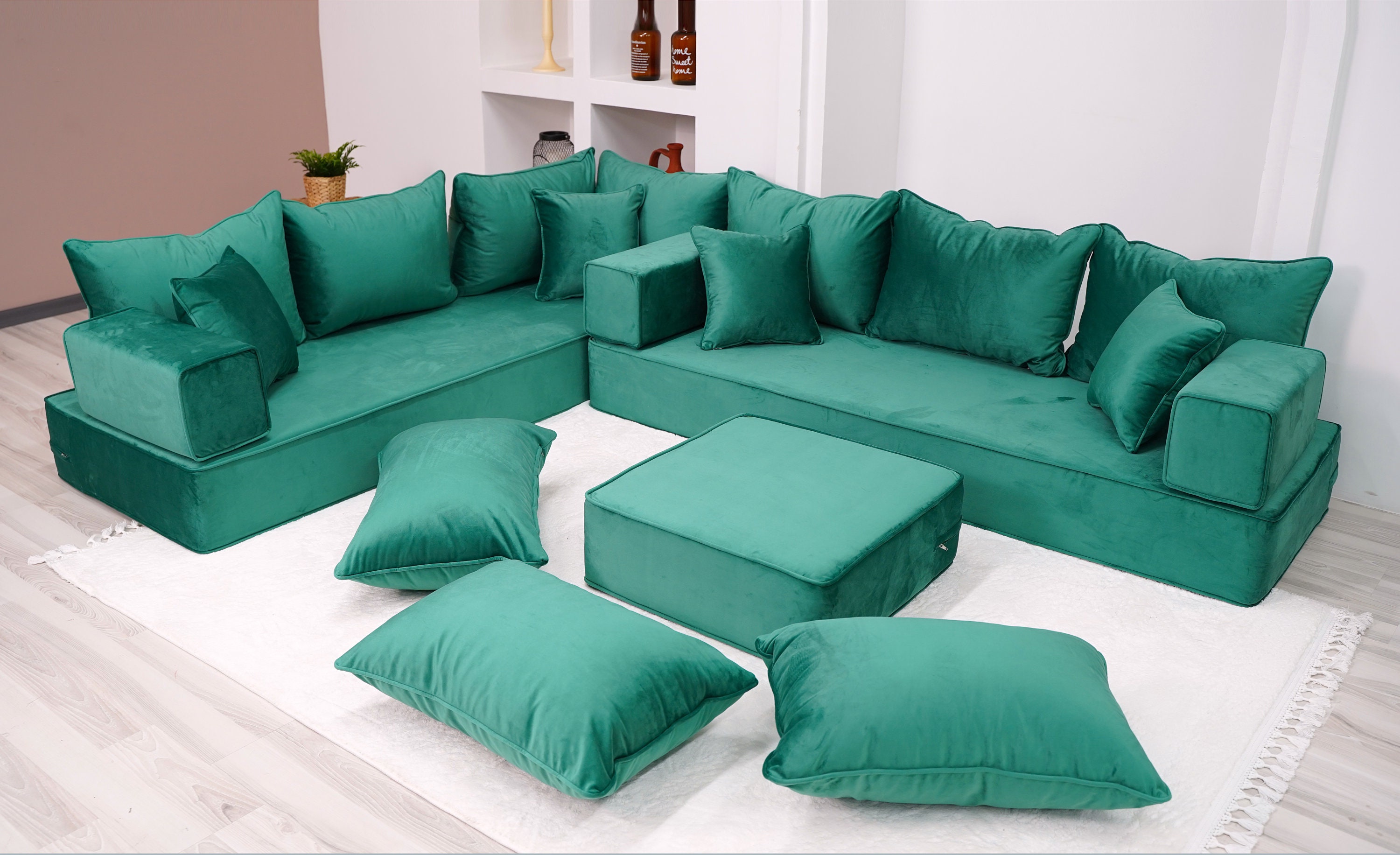 8 Thickness VELVET L Shaped Floor Seating Couch Moroccan