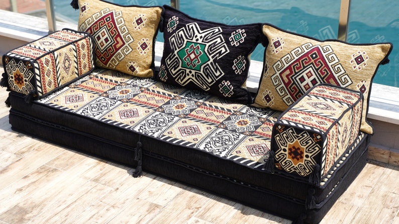 Gold&Black Arabic Majlis, 8 Thickness Arabic Floor Sofa Set, Arabic Floor Couch, Oriental Cushion, Moroccan Cushion, Ethnic Floor Cushion zdjęcie 10