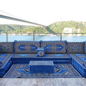 8 Inch Thick Palace Sky Blue Floor Couches, U Shaped Blue Floor Sofa, Majlis sofa, Sofa with armrest cushion, Traditional Kilim Couch Covers U Sofas+Rug+Ottoman