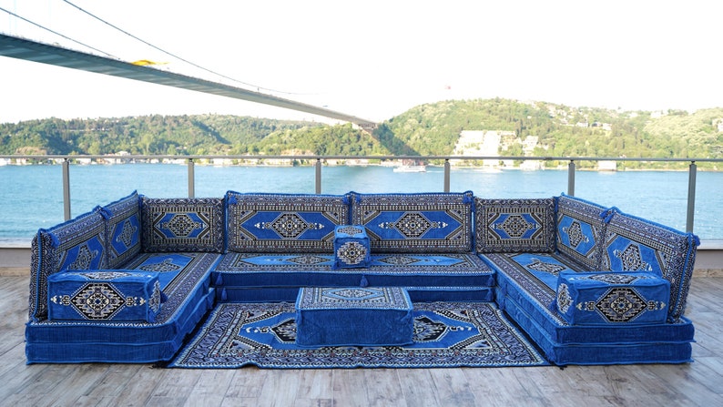 8 Inch Thick Palace Sky Blue Floor Couches, U Shaped Blue Floor Sofa, Majlis sofa, Sofa with armrest cushion, Traditional Kilim Couch Covers U Sofas+Rug+Ottoman