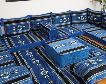 8" Thick Royal Blue U Shaped Arabic Floor Sofa Couch, Turkish Seating Pillows, Moroccan Floor Seat Cushions, Diwan Sofa, Arabic Majlis