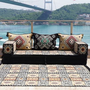 Gold&Black Arabic Majlis, 8 Thickness Arabic Floor Sofa Set, Arabic Floor Couch, Oriental Cushion, Moroccan Cushion, Ethnic Floor Cushion zdjęcie 7