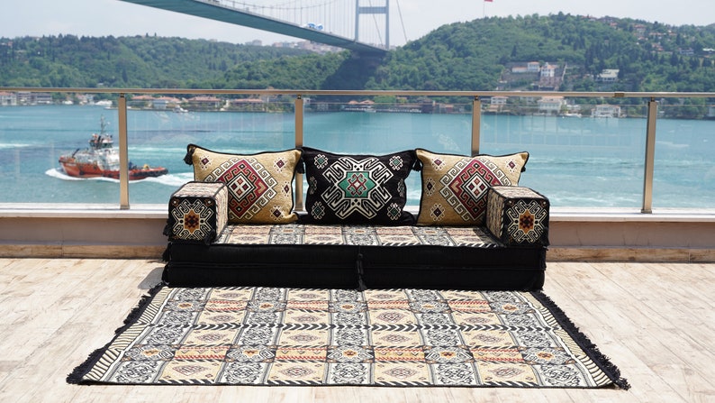 Gold&Black Arabic Majlis, 8 Thickness Arabic Floor Sofa Set, Arabic Floor Couch, Oriental Cushion, Moroccan Cushion, Ethnic Floor Cushion zdjęcie 7