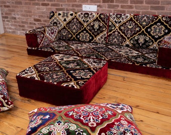 Velvet Arabic Seating Floor Sofa, Living Room Floor Sofa, Thick Afghan Kilim Velvet Fabric, Single Sofa Set, Moroccan Sofas, Arabic Majlis