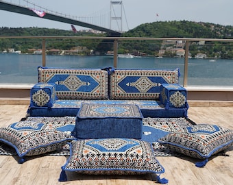 Palace Royal Blue Arabic Sofa Set, Terrace Pallet Sofa, Sectional Sofas, Oriental Floor Cushions, Arabic Majlis, Turkish Floor Seating Set