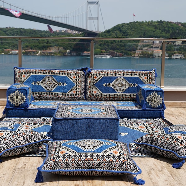 Palace Royal Blue Arabic Sofa Set, Terrace Pallet Sofa, Sectional Sofas, Oriental Floor Cushions, Arabic Majlis, Turkish Floor Seating Set