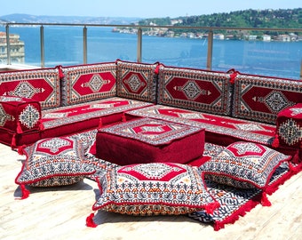 Anpassbares Palace Red L-förmiges Bodensofa, Arabische Bodenbestuhlung, Ottomane Tisch Couch, Bodenbestuhlung Sofa, Kastanienbraune Bodenkissen