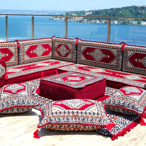 Customizable Palace Red L Shaped Floor Sofa Set, Arabic Floor Seating, Ottoman Table Couch, Floor Seating Sofa, Maroon Floor Cushions