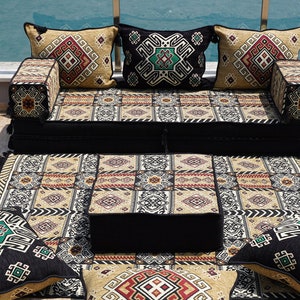 Gold&Black Arabic Majlis, 8 Thickness Arabic Floor Sofa Set, Arabic Floor Couch, Oriental Cushion, Moroccan Cushion, Ethnic Floor Cushion image 3