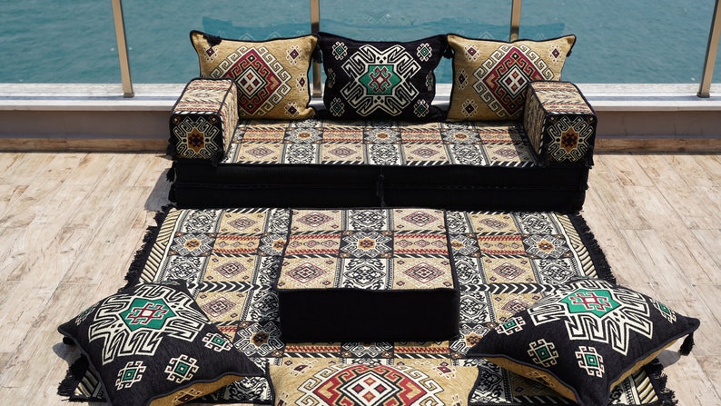 Gold&Black Arabic Majlis, 8 Thickness Arabic Floor Sofa Set, Arabic Floor Couch, Oriental Cushion, Moroccan Cushion, Ethnic Floor Cushion image 3