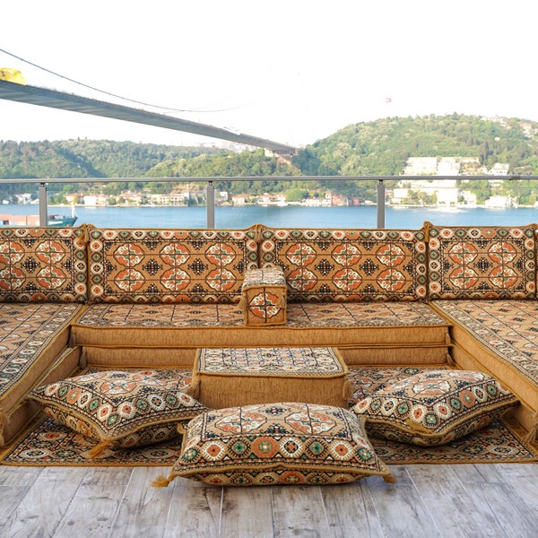 8 Inch Thick Gold Arabic Sofa Set, Entry Bench, Floor Cushions, Oriental Sofa, Turkish Floor Seating Set