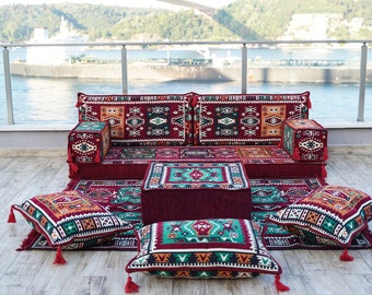 Milas Maroon Arabisch Majlis, Bodenbestuhlung Sofa Set, Marokkanischer Teppich, Schnittsofas, Traditionelle Bodencouch, Ecksofas, Innenkissen