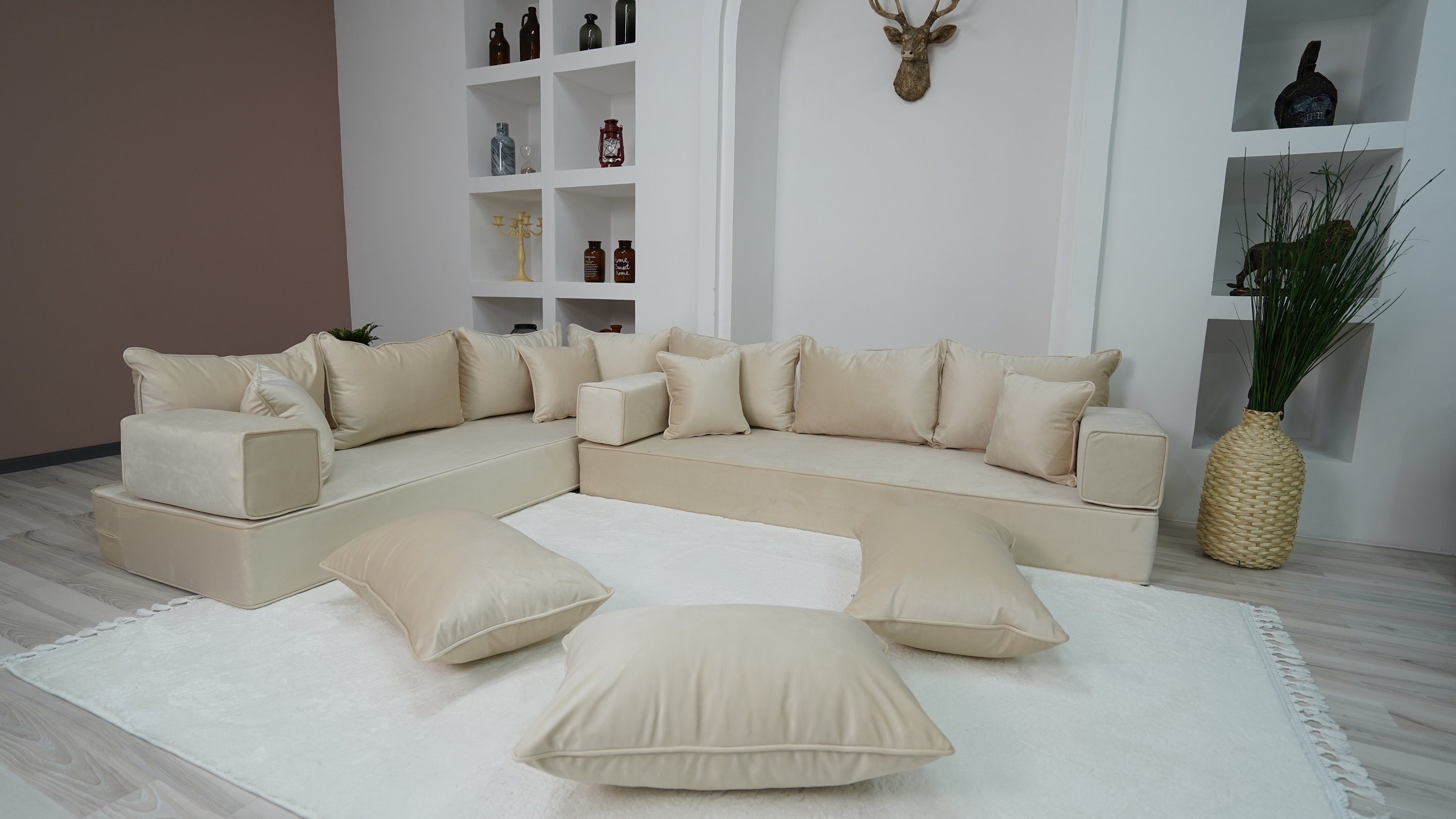 8 Thickness VELVET Beige Color L Shaped Floor Seating - Etsy